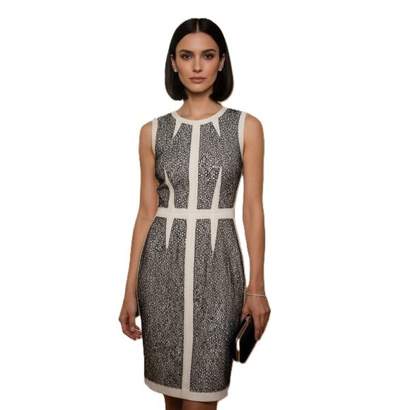 BCBGMAXAZRIA Women's Rumor White with Black Lace Blocked Sheath Dress Size 0 - Picture 1 of 4